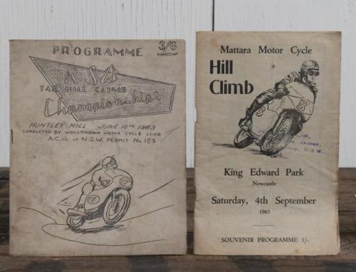 HILL CLIMB: Two Hill Climb Official Programmes including a June 1963 'N.S.W TAR HILL CLIMB Championships, HUNTLEY HILL' Programme, 8 pages, missing paper section to rear, with 'Mattara Motor Cycle Hill Climb, King Edward Park, Newcastle, September 1965' S