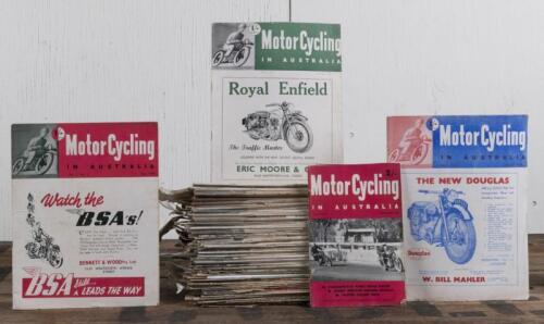 MOTOR CYCLING: A large quantity of 'Motor Cycling IN AUSTRALIA' magazines, issues range in years 1947 - 1954, some duplicate issues. First issue from March 1947 (Vol.1 No.1)