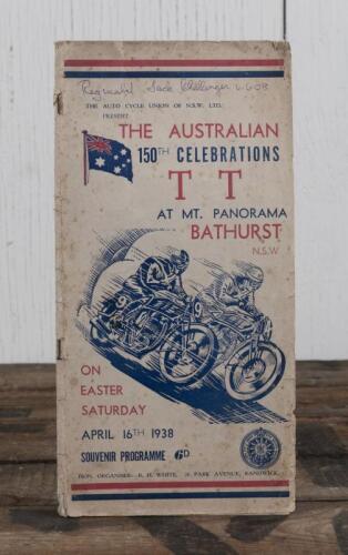 PROGRAMME: An original official programme for the 1938 "Australian TT 150th Celebrations" motorcycle race held at Bathurst, inscribed to top by the founder of the ACU of NSW "Reginald Jack Challenger"