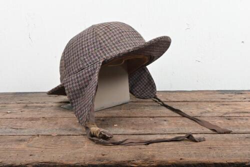 DEERSTALKER: A tweed deerstalker style motorcycle helmet by Everoak, with fitted interior and straps, size 7 1/8