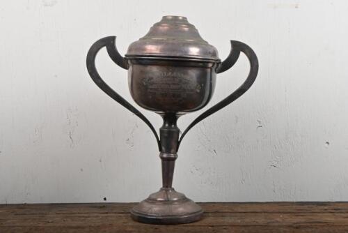 TROPHY: The P.R. Williams Cup as presented to Bexley and District Motor Cycle Club won by D. Bain, silverplate made by Lewbury, 39cm high, would benefit from a polish