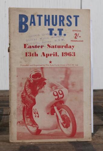 BATHURST T.T: A Easter Saturday 13th April, 1963 'BATHURST T.T.' OFFICIAL PROGRAMME, 44 pages; stamped to front cover, programme with pen writing.