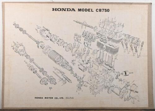 HONDA: A 1969 isometric exploded diagram of a Honda CB750, 55 x 77cm