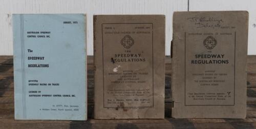 SPEEDWAY REGULATIONS: A group of three 'SPEEDWAY REGULATIONS' booklets from August 1953, 1957 and 1973; 1950's edition with paper loss, 1957 edition with staining.