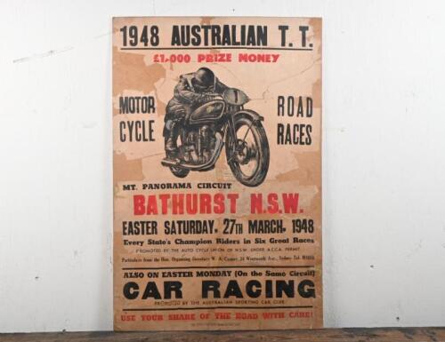 BATHURST: An original 1948 advertising poster for the "Australian TT Motor Cycle Road Races" at the Mount Panorama Circuit, Bathurst on 27th March 1948, 76 x 51cm