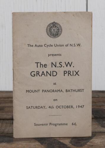 N.S.W. GRAND PRIX: A October 1947 'The N.S.W. GRAND PRIX at MOUNT PANORAMA, BATHURST' Souvenir Programme, as presented by The Auto Cycle Union of N.S.W, 24 pages.