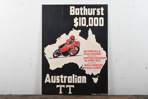 BATHURST: A 1972 advertising poster for the "Bathurst $10,000 Australian TT" at Mount Panorama, 1st April 1972, 50 x 36, some discoloration consistent with age, laid down on heavy gauge board