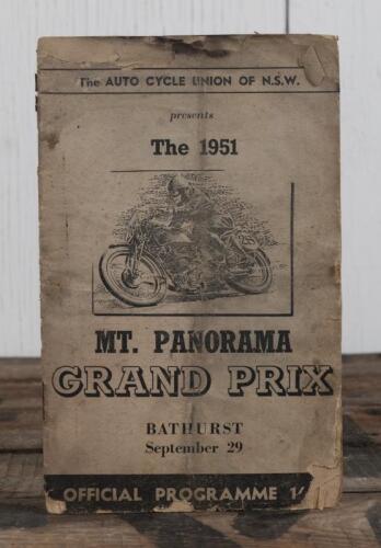 MT.PANORAMA GRAND PRIX: A 1951 'MT.PANORAMA GRAND PRIX, BATHURST' OFFICIAL PROGRAMME, as presented by The AUTO CYCLE UNION OF N.S.W, 28 pages; programme with small tears, paper loss to edges.