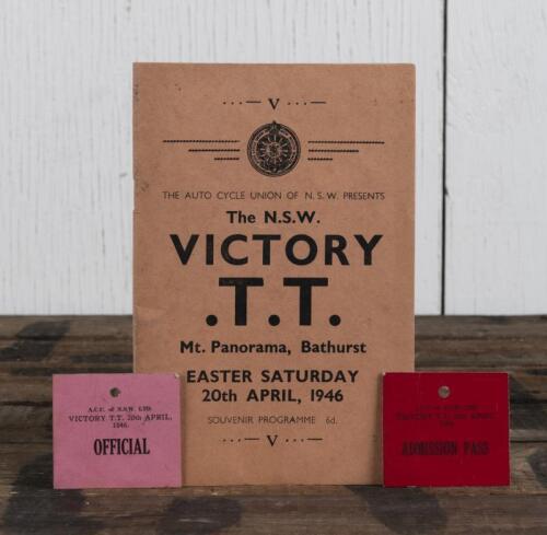PROGRAMME: An original souvenir programme for the 1946 "NSW Victory TT" motorcycle race held at Mt Panorama, Bathurst complete with an official's pass and a general admission pass
