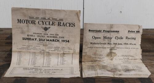 N.S.W. MOTOR CYCLE RACING: Two 1954 New South Wales Motor cycle racing SOUVENIR PROGRAMMES, including a 'MOTOR CYCLE RACES', KEMBLA GRANGE MEMORIAL PARK, programme, with 'Open Motor Cycle Racing', Wallacia Circuit, programme