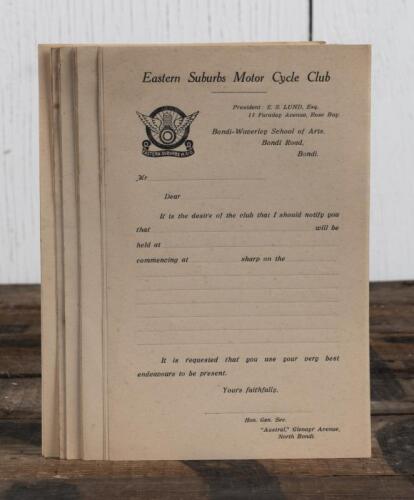 EASTERN SUBURBS MOTOR CYCLE CLUB: A quantity of 'Eastern Suburbs Motor Cycle Club', Bondi, meeting message sheets.