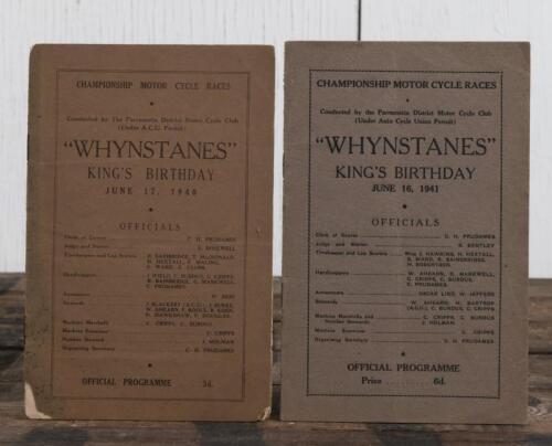WHYNSTANES: Two CHAMPIONSHIP MOTOR CYCLE RACES 1940s KING'S BIRTHDAY "WHYNSTANES" Official Programmes, one from June 17, 1940 other June 16, 1941, as organised by Parramatta District Motor Cycle Club; 1940 issue with pencil writing.