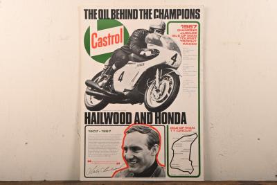 HAILWOOD: A commemorative poster featuring Mike Hailwood and his Honda at the Isle of Man, produced by Castrol, laid down on heavy gauge card, 62 x 44cm