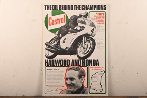 HAILWOOD: A commemorative poster featuring Mike Hailwood and his Honda at the Isle of Man, produced by Castrol, laid down on heavy gauge card, 62 x 44cm