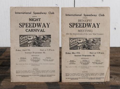INTERNATIONAL SPEEDWAY CLUB: Two International Speedway Club Souvenir Programmes , one for a 'BENEFIT SPEEDWAY MEETING' ("BOB" HIBBERT), other for a 'NIGHT SPEEDWAY CARNIVAL', both events were held at Sydney Sports Ground; NIGHT SPEEDWAY CARNIVAL programm
