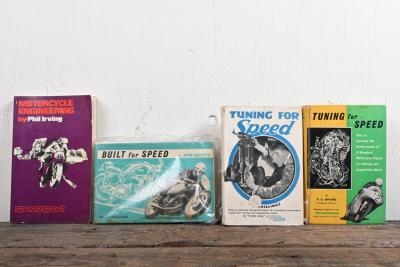 SPEED: A group of four books detailing the obtainment of speed, with 'MOTORCYCLING ENGINEERING' softcover book by Phil Irving.