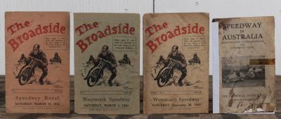 SPEEDWAY PUBLICATIONS: A group of three Australian Speedway official publications, including three 1930's issues of 'The Broadside', March 15 issue lacking paper section to page 15, September 20 issue lacking some pages, both issues with pencil writing, together with a 1949 issue of 'SPEEDWAY IN AUSTRALIA', with tape repairs.