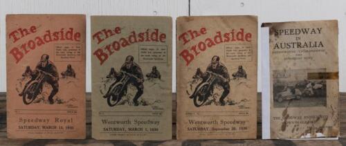 SPEEDWAY PUBLICATIONS: A group of three Australian Speedway official publications, including three 1930's issues of 'The Broadside', March 15 issue lacking paper section to page 15, September 20 issue lacking some pages, both issues with pencil writing, t
