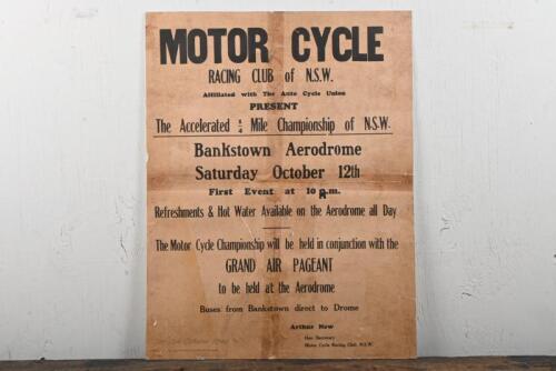 BANKSTOWN: An original 1946 advertising poster for "The Accelerated 1/4 Mile Championship of NSW" held at Bankstown Aerodrome on 12th October 1946, laid down on card, 51 x 39.5cm, fold and old tape marks, discolouration throughout