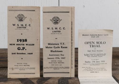 ENTRY/REGULATION FORMS: Three Entry/Supplementary Regulation forms for various Western Suburbs Motor Cycle Club Ltd events including October 1938 New South Wales G.P, 'OPEN SOLO TRIAL OF Eight Hours Duration', and 1947 'Miniature T.T. Motor Cycle Races Bl