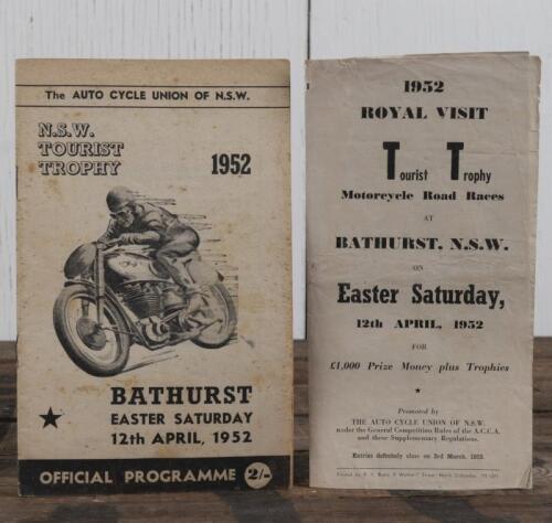 PROGRAMME: An original official programme for the 1952 "NSW Tourist Trophy" motorcycle race held at Bathurst with a supplementary regulations booklet