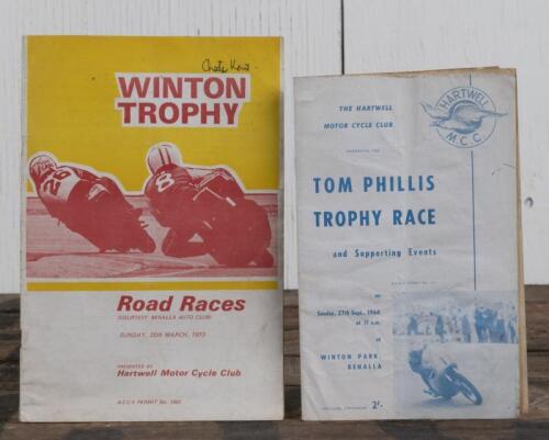 WINTON: Two Winton Official Programmes including a September 1964 'TOM PHILLIPS TROPHY RACE and Supporting Events' Official Programme, 16 pages, with period pen writing, and a March 1972 'WINTON TROPHY Road Races' Official Programme, with period pen writi
