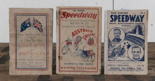 EMPIRE SPEEDWAYS: Three Official and Souvenir Programmes from the Empire Speedways events held in the 1930's, 1936 Official Programme (No. 1) being the inaugural event as featured at The Royal Agricultural Ground, Sydney, 32 pages, programme with tape to 