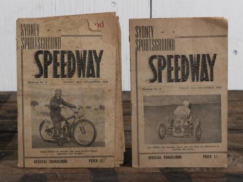 SPEEDWAY: Two November 1952 Official Programmes from SYDNEY SPORTSGROUND SPEEDWAY; both programmes with pencil writing.