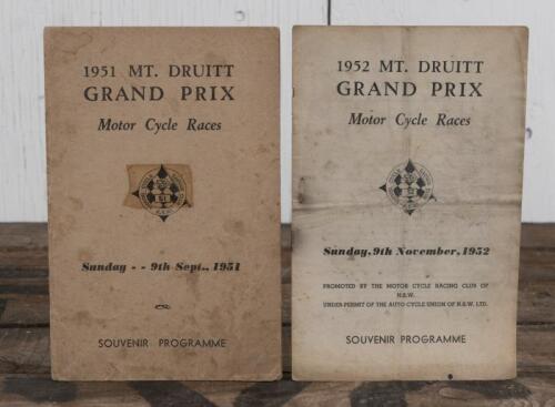 MT.DRUITT: Two 'MT.DRUITT GRAND PRIX - Motor Cycle Races' from 1951 and 1952, as organised by the MOTOR CYCLE RACING CLUB N.S.W; both with clean pages.