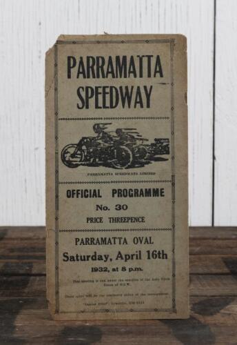 PARRAMATTA: A 1932 PARRAMATTA SPEEDWAY, PARRAMATTA OVAL OFFICIAL PROGRAMME, four page programme with tears, slight paper loss, pencil writing.