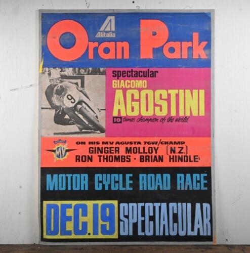 ORAN PARK: An 1970s advertising poster featuring Giacomo Agostini for the "Motor Cycle Road Race" at Oran Park on the 19th December, laid down on heavy gauge card, 102 x 77cm