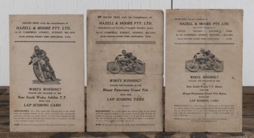 LAP SCORING CARDS: Three LAP SCORING CARDS from the New South Wales Jubilee T.T and Mount Panorama Grand Prix, as issued free by Hazell & Moore Pty Ltd; unused.