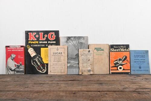 MOTOR CYCLE PARTS/REPAIRS: A collection of booklets and manuals detailing repair work and equipment detail; KLG SPARK PLUG guide.