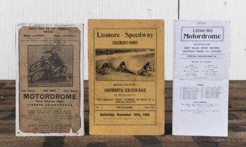 LISMORE: Three publications related to Lismore Motordrome/Speedway including a November 1933 Lismore Speedway, COLEMAN'S POINT Programme (No. 1), with two other related documents including a photocopied 1929 Official Programme for a DIRT TRACK SPEED MEETI