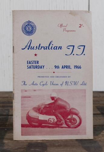 AUSTRALIAN T.T.: A EASTER SATURDAY, 9th APRIL, 1966, Australian T.T.' Official Programme, as promoted and organised by The Auto Cycle Union of N.S.W. Ltd, 48 pages; programme with period pencil writing.