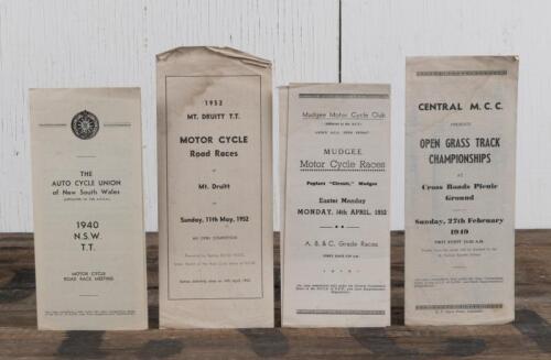 ENTRY FORMS/ REGULATIONS: Four long format entry and supplementary regulation forms for various motor cycle racing events including 1940 N.S.W. T.T. MOTOR CYCLE ROAD RACE MEETING, 1949 'OPEN GRASS TRACK CHAMPIONSHIPS', MUDGEE Motor Cycle Races, and one ot