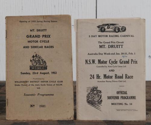 MT. DRUITT: Two 1950's MT. DRUITT Souvenir Programmes including a Sunday, 23rd August, 1953 'MT. DRUITT GRAND PRIX MOTOR CYCLE AND SIDECAR RACES' Souvenir Programme, with 1954 four page 'N.S.W. Motor Cycle Grand Prix AND 24 Hr. Motor Road Race' Official S