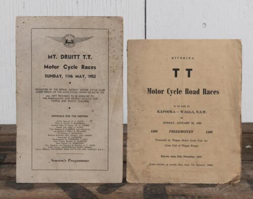 TOURIST TROPHY: Two 1950's Tourist Trophy Official Programme and Supplementary Regulations including a May 1952 'MT. DRUITT T.T Motor Cycle Races' Souvenir Programme, and January 1959 'RIVERINA T T Motor Cycle Road Races 'Supplementary Regulations' sheet.