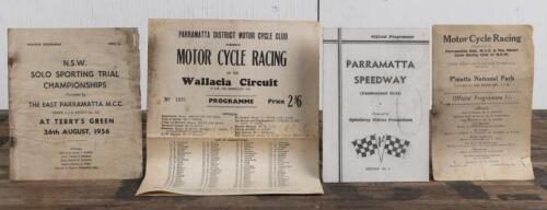 PARRAMATTA: A small group of Official Programmes related to Parramatta motor cycle racing including a 1951 Wallancia Circuit 'MOTOR CYCLE RACING' Programme, 1956 N.S.W SOLO SPORTING TRIAL CHAMPIONSHIPS Souvenir Programme, together with a PARRAMATTA SPEEDW