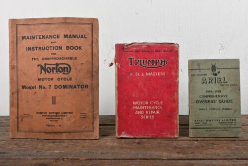 ENGLISH MOTORCYCLES: Three period publications related to ARIEL, Norton, TRIUMPH English motor cycles, includes original 'MAINTENANCE MANUAL AND INSTRUCTION BOOK FOR THE UNAPPROACHABLE Norton MOTOR CYCLE - Model No. 7 DOMINATOR', 39 pages.