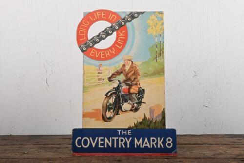 COVENTRY MARK 8: An original 1950s point of sale card sign for a Coventry Mark 10 chain, 36 x 25.5cm