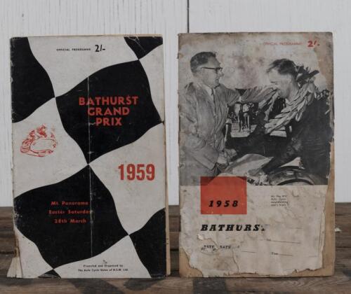 BATHURST: Two BATHURST GRAND PRIX Official Programmes from 1958 and 1959, both with 32 pages; 1958 programme with paper loss to covers, 1959 programme with pen writing.