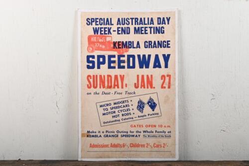 KEMBLA: An original early advertising poster for the "Kembla Grange Speedway" on 27th January, laid down on card, 46 x 30cm, discolouration and fold marks consistent with age and use