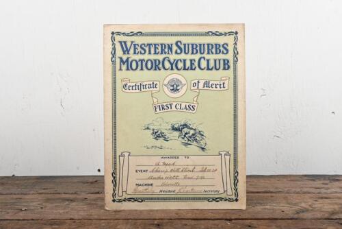 ARTHUR MEAD: An original 1930s Certificate of Merit awarded to Arthur Mead on hid Velocette from the Western Suburbs Motorcycle Club for the Championship Hill Climb, 10th February 1934, laid down on heavy gauge card stock, 32 x 24cm