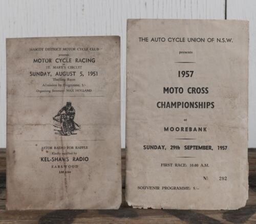 N.S.W. MOTOR CYCLE RACING: Two 1950's N.S.W Motor Cycle Racing programmes including a 1951 'MOTOR CYCLE RACING at ST. MARY'S CIRCUIT' programme as presented by MASCOT DISTRICT MOTOR CYCLE CLUB, with 1975 'MOTOCROSS CHAMPIONSHIPS at MOOREBANK' SOUVENIR PRO