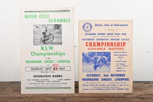 MOOREBANK: Two original advertising posters for Scramble Races at Moorebank Circuit, both laid down on heavy gauge card stock, largest 34 x 21cm