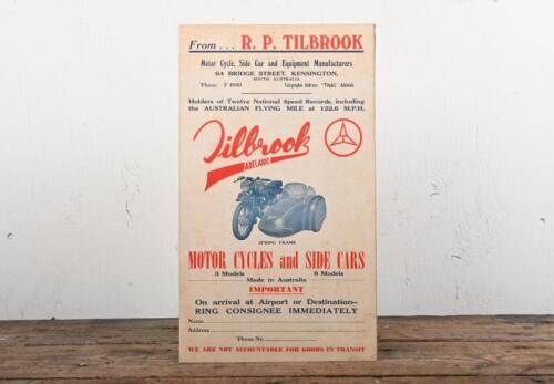 TILBROOK: A poster for R.P. Tilbrook, manufacturer of Motor Cycles, Side Cars and Equipment, laid down on heavy gauge card, 41 x 24cm