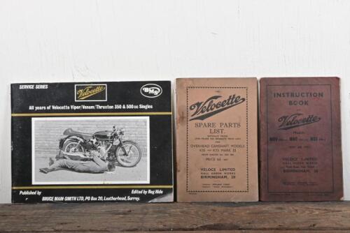 VELOCETTE: Three publications related to Velocette including a 1939 issue of THE Velocette SPARE PARTS LIST FOR OVERHEAD CAMSHAFT MODELS KSS AND KTS MARK II', 1949 issue of 'INSTRUCTION BOOK FOR Velocette Model MOV (250 c.c.), MAC (350 c.c.), MSS (500 c.c