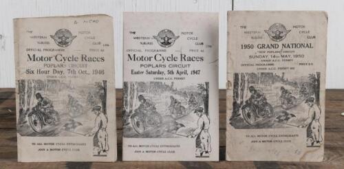 POPLARS CIRCUIT: Three 'Motor Cycle Races POPLARS CIRCUIT' Official Programmes from 1946, 1947 and 1950, 1950 programme with 'GRAND NATIONAL' event detail, as prepared by THE WESTERN SUBURBS MOTOR CYCLE CLUB LTD; 1950 programme with pen writing.