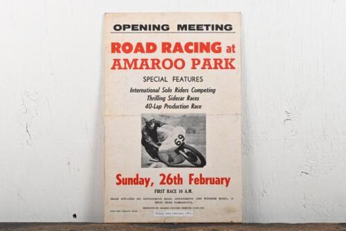 AMAROO PARK: An original 1960s advertising poster for "Road Racing at Amaroo Park" on the 26th February 1967, laid down on heavy gauge card stock, 38 x 25cm